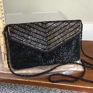 Black beaded clutch with strap